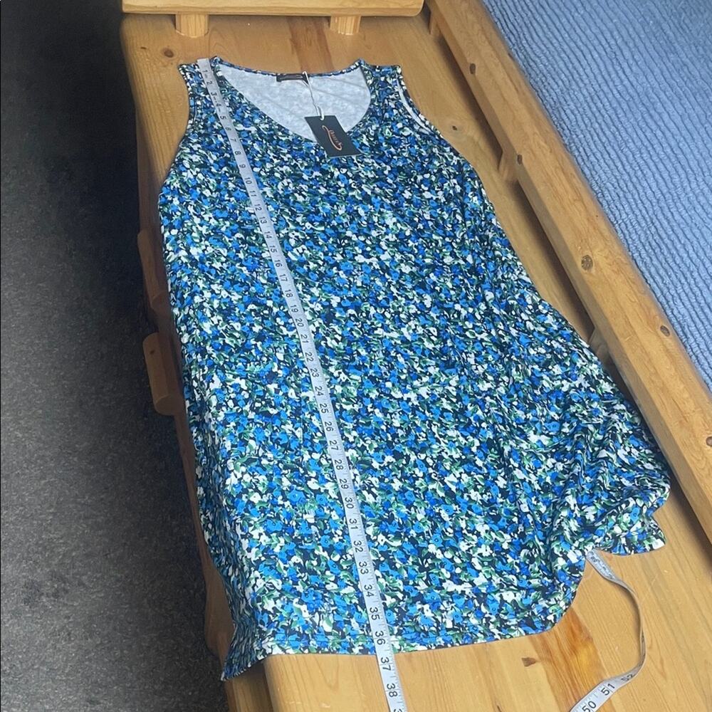 New!  OfeefaN Blue White Green Floral Sleeveless Tank Swing Dress Women’s M - Picture 10 of 11